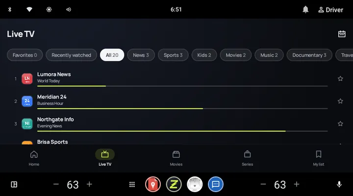 Aracın ekranında Canlı TV listesi