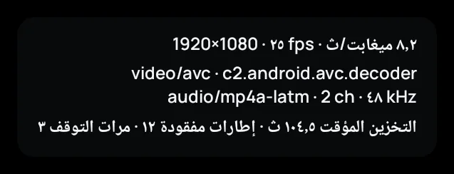 إحصاءات التشغيل في Zapvo: الدقة، وفك الترميز، والتخزين المؤقت، والإطارات المفقودة، والتوقفات