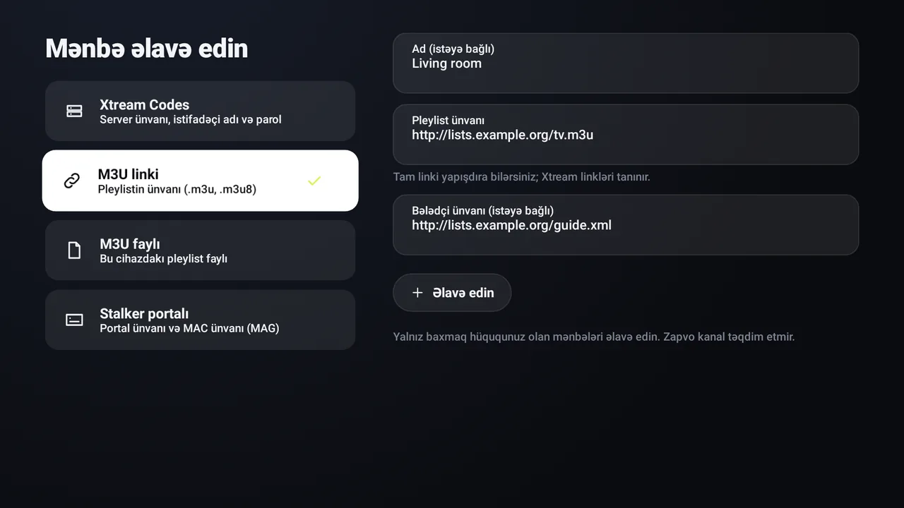 Android TV-də Zapvo: pleylist ünvanı və TV bələdçisi ünvanı ilə M3U linkinin əlavə edilməsi