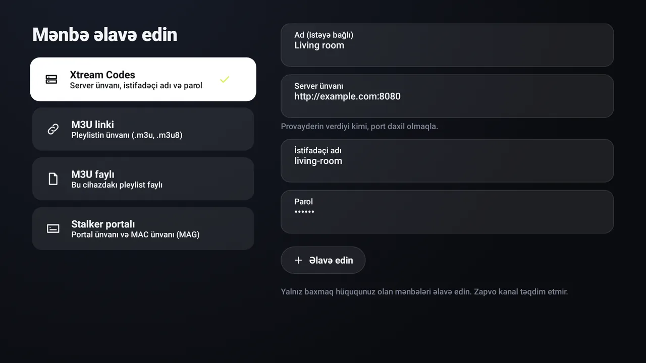 Android TV-də Zapvo: Xtream Codes ilə giriş, server ünvanı, istifadəçi adı və parol