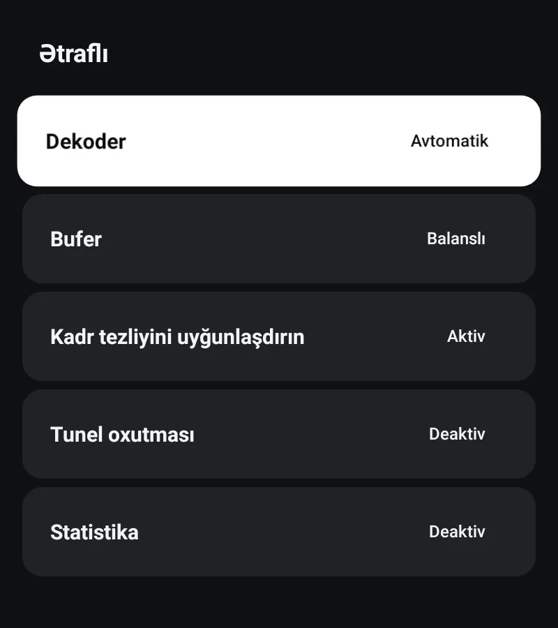 Zapvo tətbiqində pleyerin ətraflı ayarları: dekoder, buferləmə, kadr tezliyi və statistika