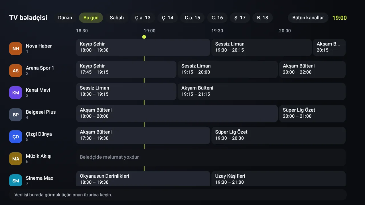 Android TV-də Zapvo tətbiqinin TV bələdçisi (EPG): kanallar yanda, verilişlər gün boyu