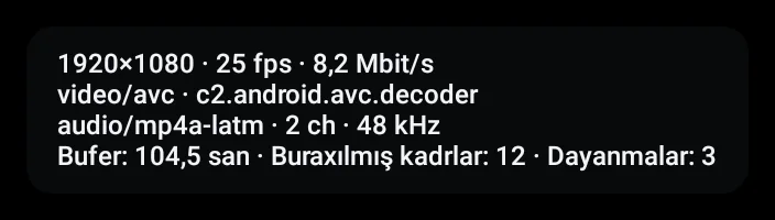 Zapvo tətbiqində oynatma statistikası: təsvir ölçüsü, dekoder, bufer, buraxılmış kadrlar və ilişmələr