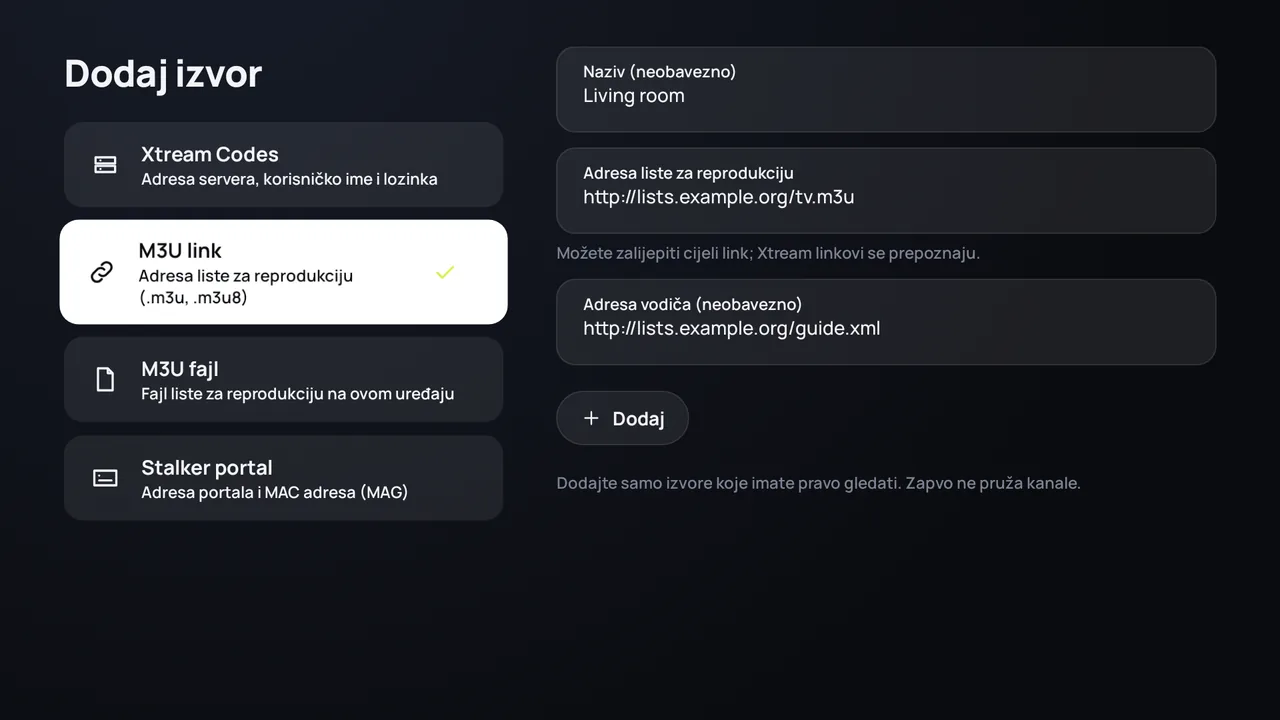 Zapvo na Android TV-u: dodavanje M3U linka s adresom liste i adresom TV vodiča