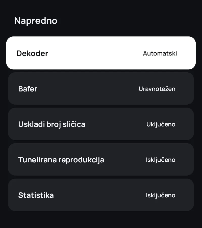 Napredne postavke plejera u aplikaciji Zapvo: dekoder, bafer, broj kadrova i statistika