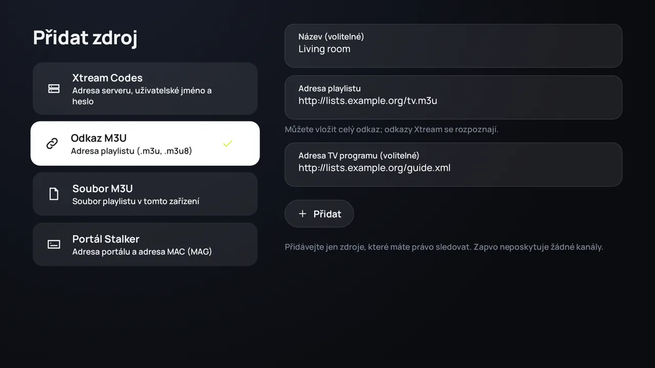 Zapvo na Android TV: přidání odkazu M3U s adresou playlistu a adresou TV programu