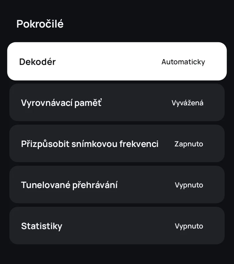 Pokročilé nastavení přehrávače v aplikaci Zapvo: dekodér, vyrovnávací paměť, snímková frekvence a statistiky