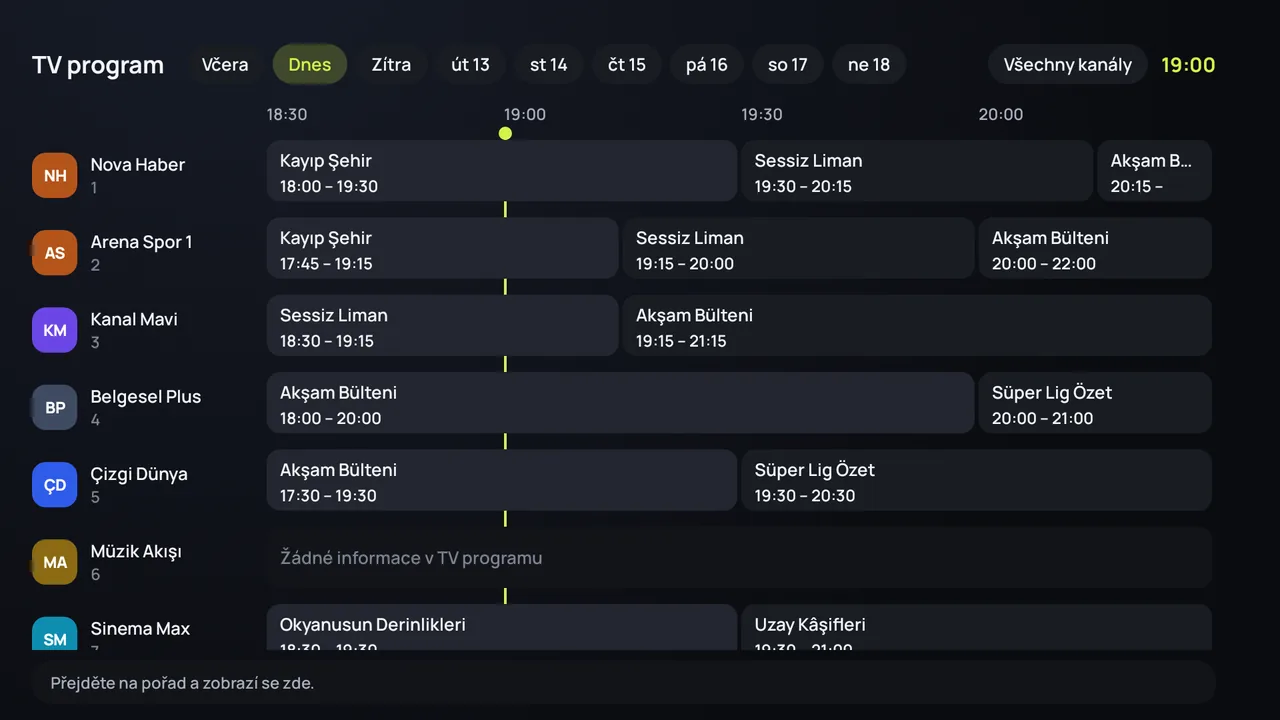 TV program (EPG) v aplikaci Zapvo na Android TV: kanály po straně, pořady během dne