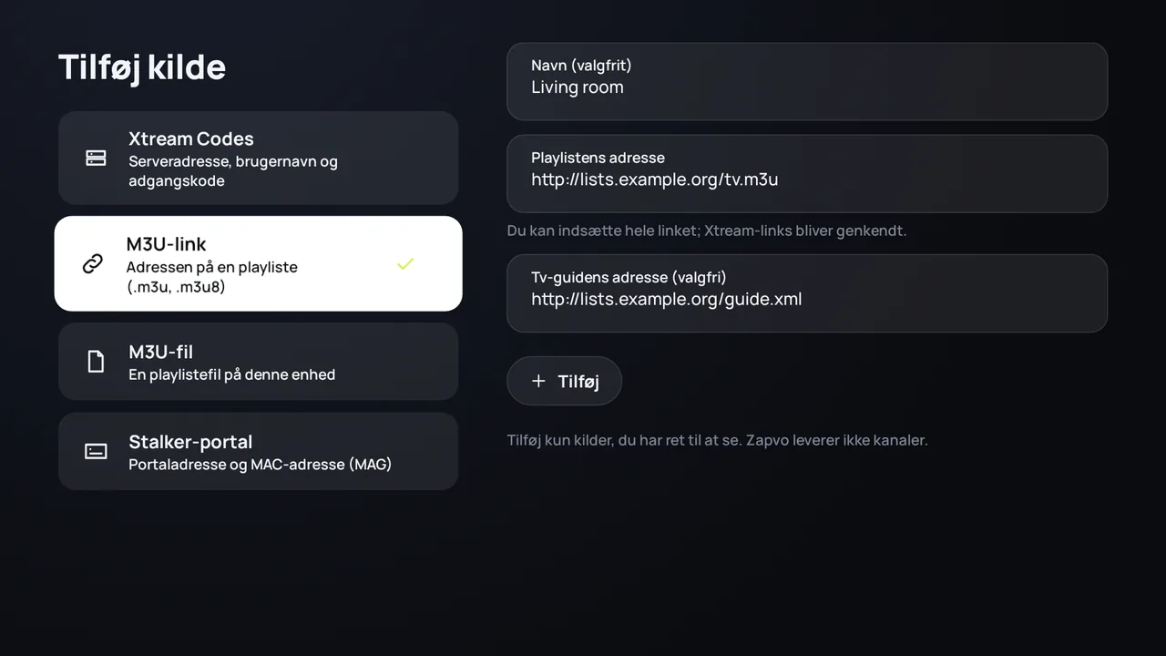 Zapvo på Android TV: et M3U-link tilføjes med playlistens adresse og tv-guidens adresse