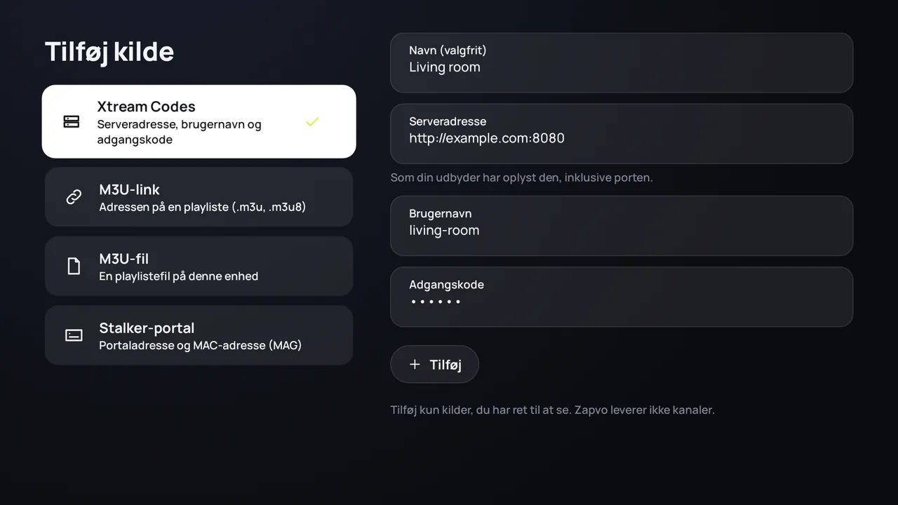 Zapvo på Android TV: login med Xtream Codes, serveradresse, brugernavn og adgangskode