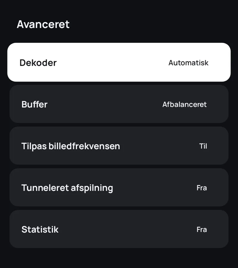 Afspillerens avancerede indstillinger i Zapvo: dekoder, buffer, billedfrekvens og statistik