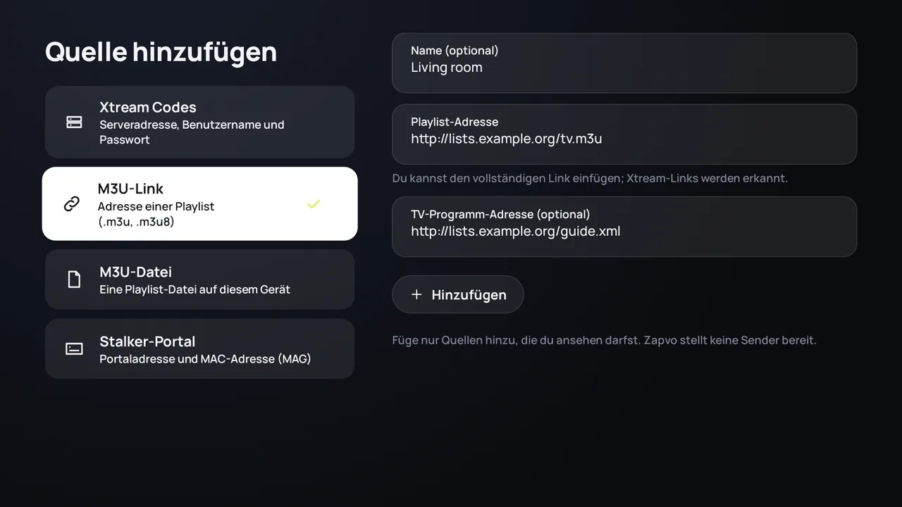 Zapvo auf Android TV: einen M3U-Link mit Playlist-Adresse und TV-Programm-Adresse hinzufügen
