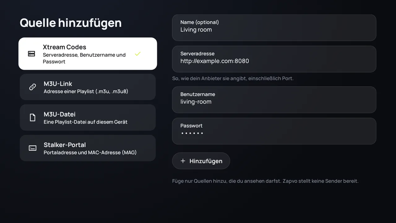 Zapvo auf Android TV: Anmeldung mit Xtream Codes, Serveradresse, Benutzername und Passwort