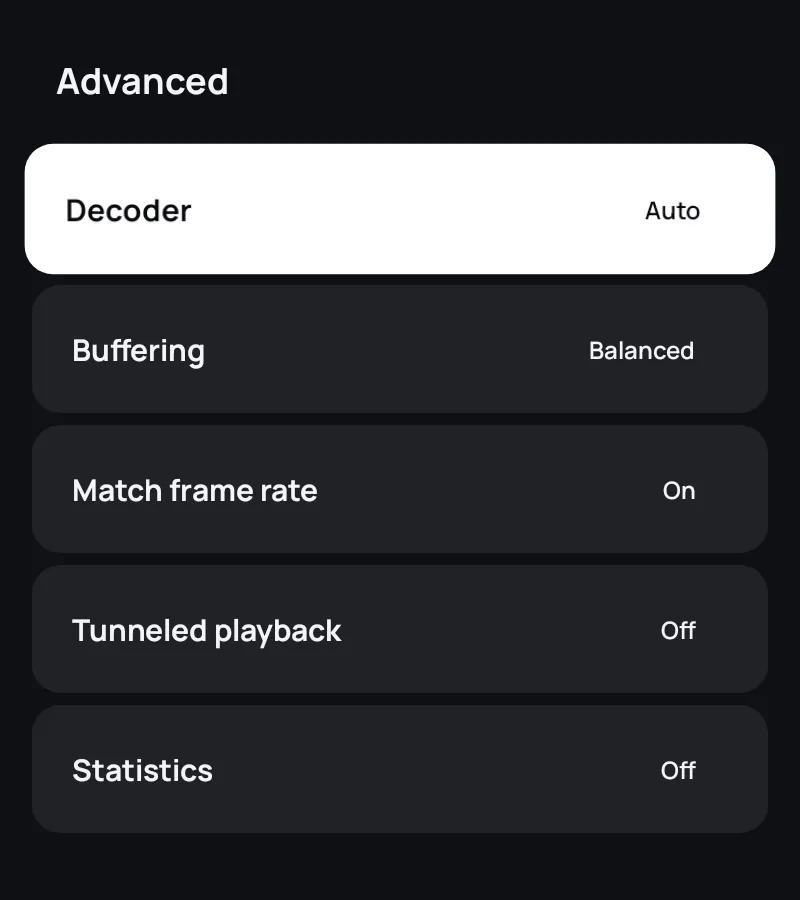 The player's advanced settings in Zapvo: decoder, buffering, frame rate and statistics