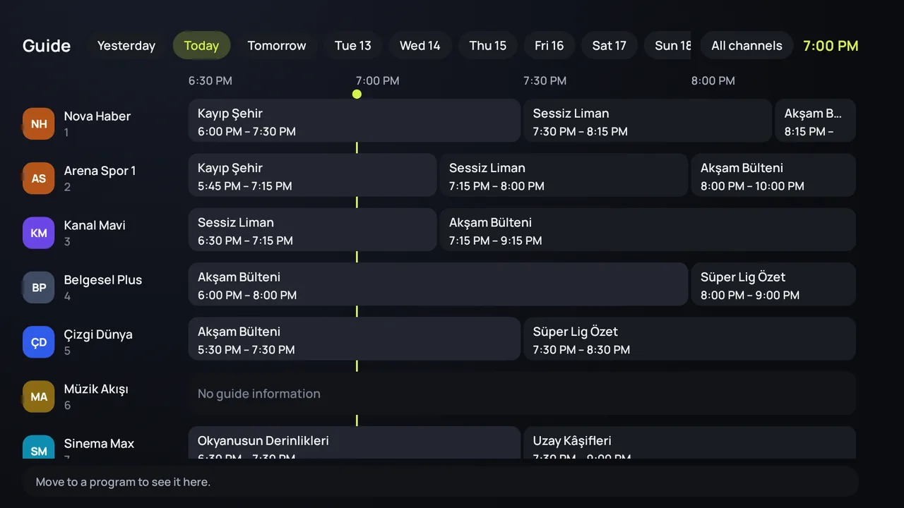 The TV guide (EPG) in Zapvo on Android TV: channels down the side, programs across the day