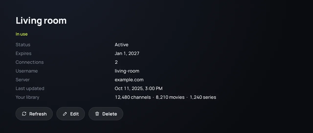 The source's details in Zapvo: status, expiry date, connections and library size