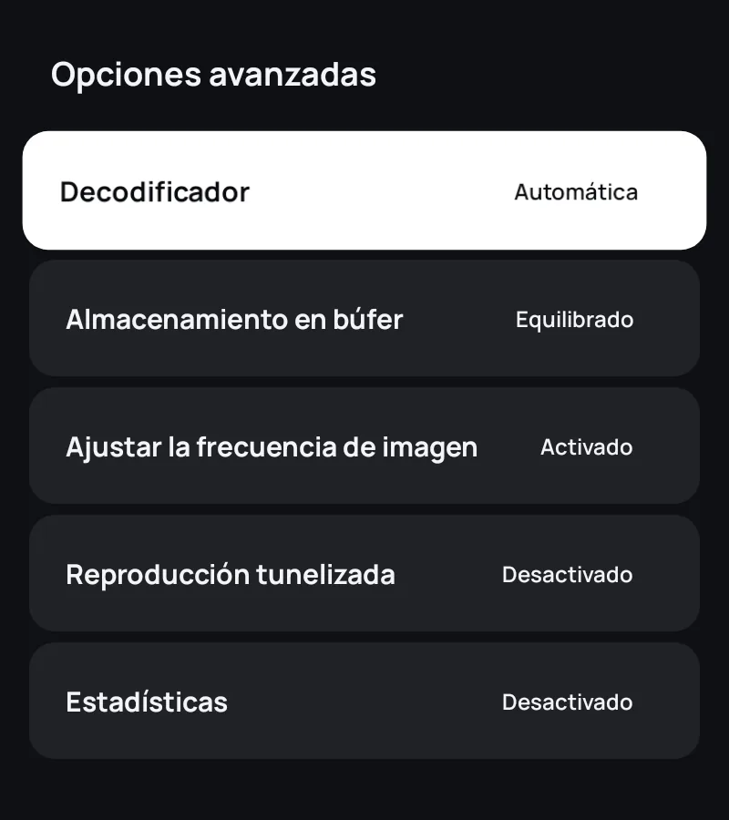 Los ajustes avanzados del reproductor en Zapvo: decodificador, búfer, frecuencia de imagen y estadísticas