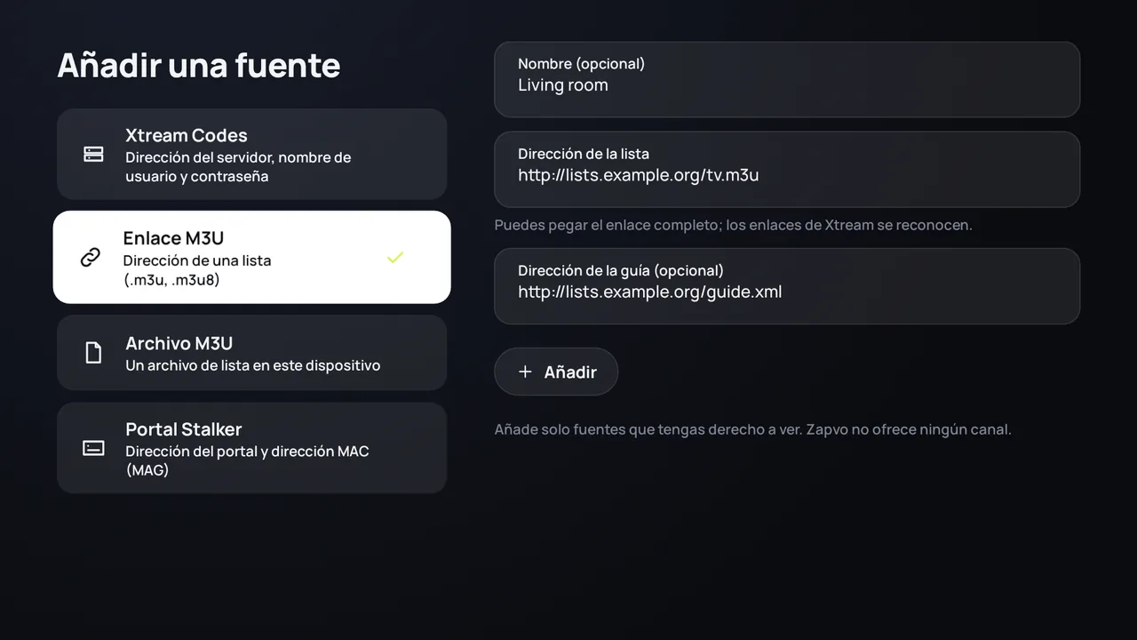 Zapvo en Android TV: añadir un enlace M3U con la dirección de la lista y la de la guía de TV