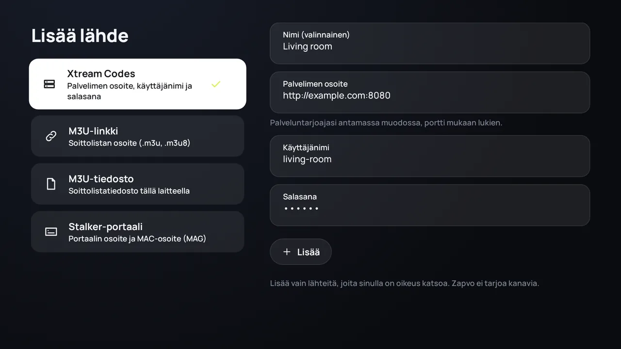 Zapvo Android TV:llä: kirjautuminen Xtream Codesilla, palvelimen osoite, käyttäjänimi ja salasana