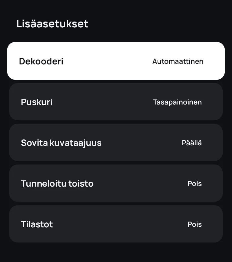 Zapvo-sovelluksen soittimen lisäasetukset: dekooderi, puskurointi, kuvataajuus ja tilastot