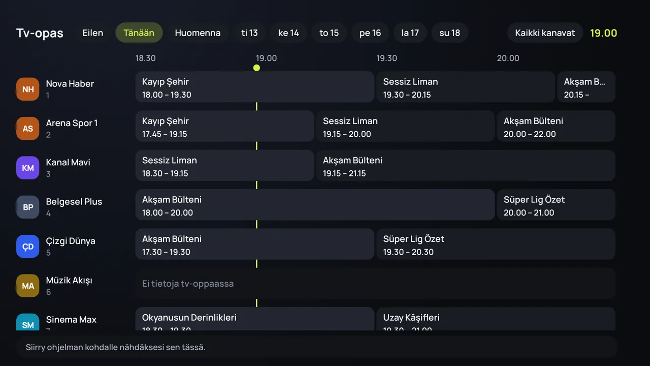 Zapvo-sovelluksen tv-opas (EPG) Android TV:llä: kanavat sivussa, ohjelmat päivän mittaan