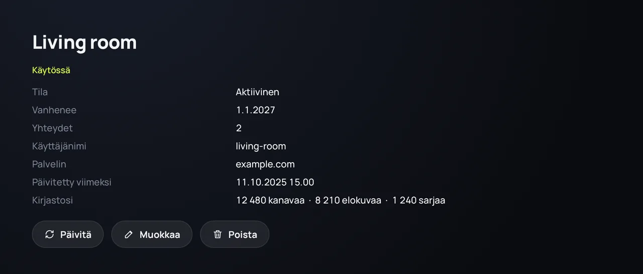 Lähteen tiedot Zapvo-sovelluksessa: tila, päättymispäivä, yhteydet ja kirjaston koko