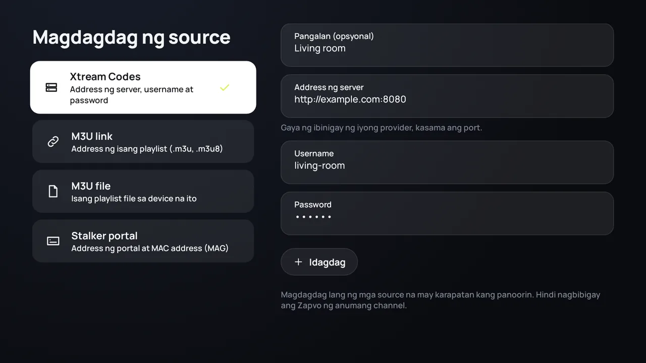 Zapvo sa Android TV: pag-log in gamit ang Xtream Codes, server address, username at password