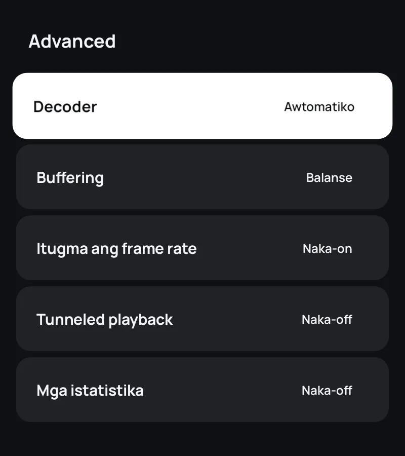 Ang advanced na setting ng player sa Zapvo: decoder, buffering, frame rate at mga istatistika