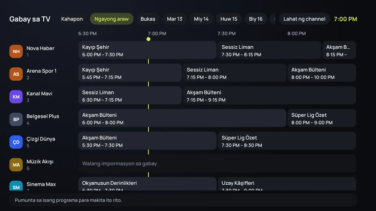 Ang gabay sa TV (EPG) ng Zapvo sa Android TV: nasa gilid ang mga channel, ang mga programa sa buong araw