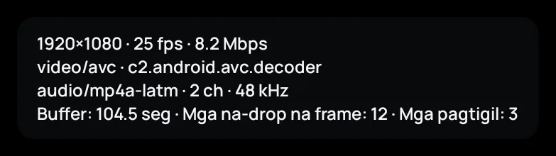 Mga istatistika ng playback sa Zapvo: resolution, decoder, buffer, mga nalaktawang frame at paghinto