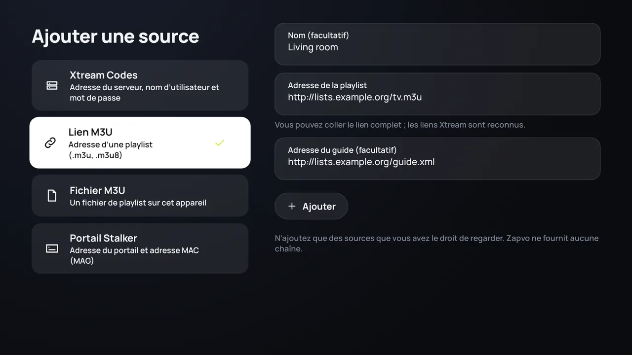 Zapvo sur Android TV : ajout d’un lien M3U avec l’adresse de la playlist et celle du guide TV
