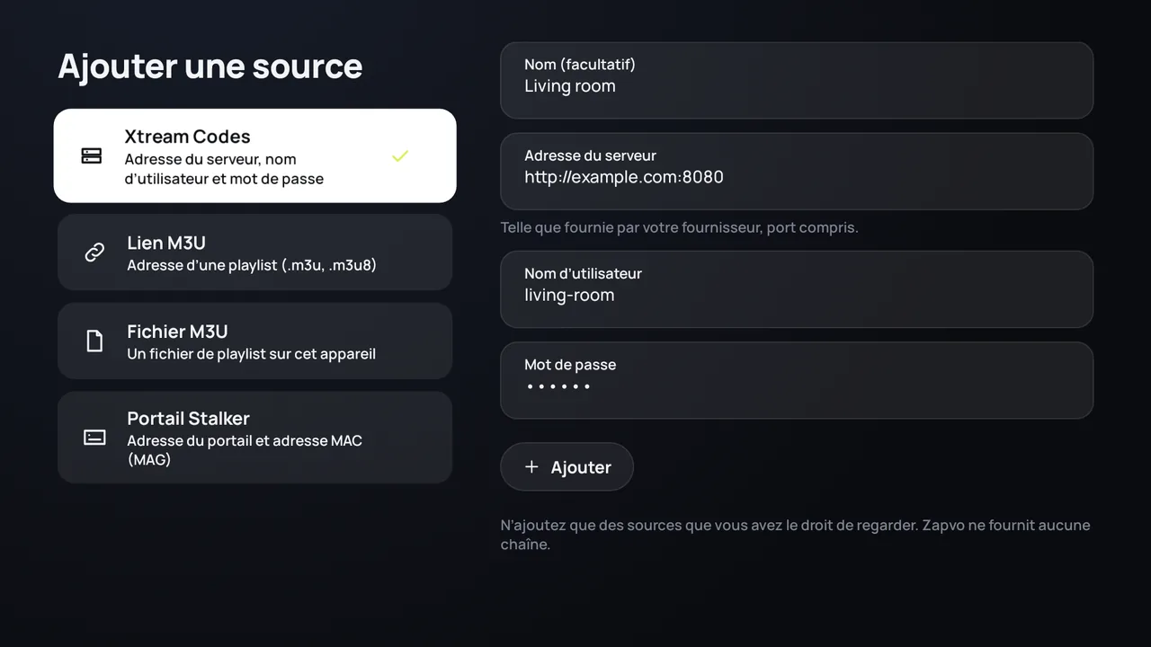 Zapvo sur Android TV : connexion Xtream Codes avec adresse du serveur, nom d’utilisateur et mot de passe