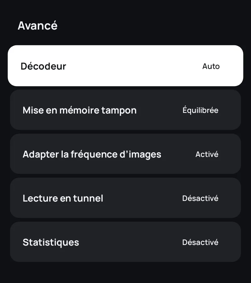 Les réglages avancés du lecteur dans Zapvo : décodeur, mémoire tampon, fréquence d’images et statistiques
