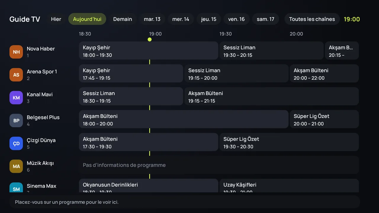 Le guide TV (EPG) de Zapvo sur Android TV : chaînes sur le côté, programmes au fil de la journée