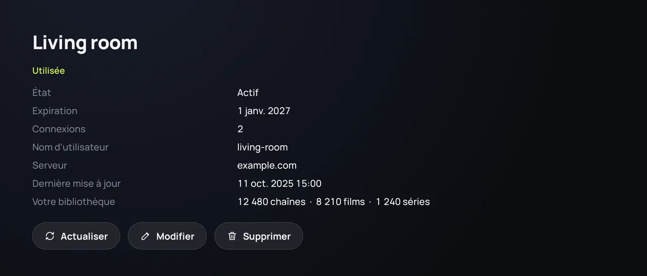 Le détail de la source dans Zapvo : état, date d’expiration, connexions et bibliothèque