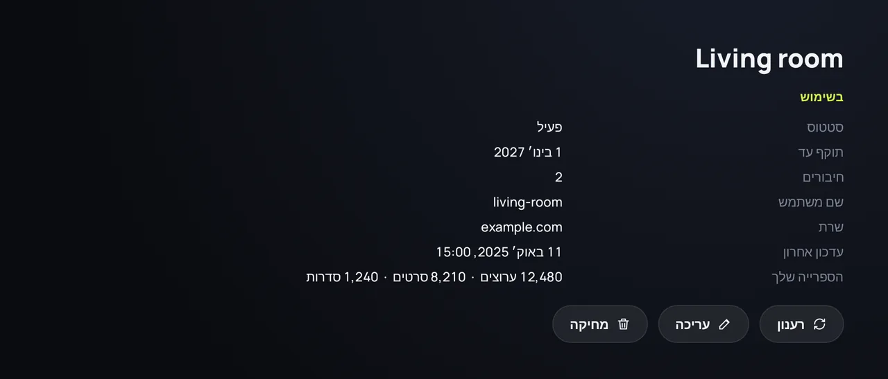 פרטי המקור ב-Zapvo: מצב, תאריך תפוגה, חיבורים וגודל הספרייה