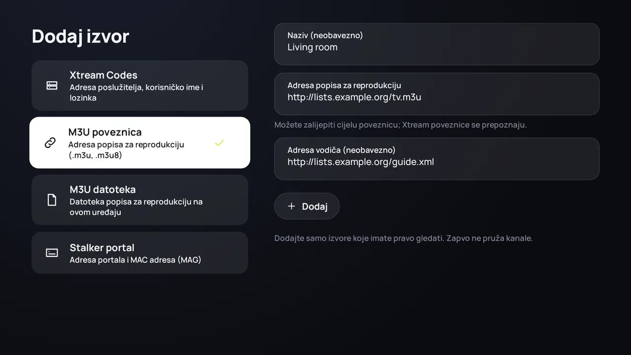 Zapvo na Android TV-u: dodavanje M3U poveznice s adresom popisa i adresom TV vodiča