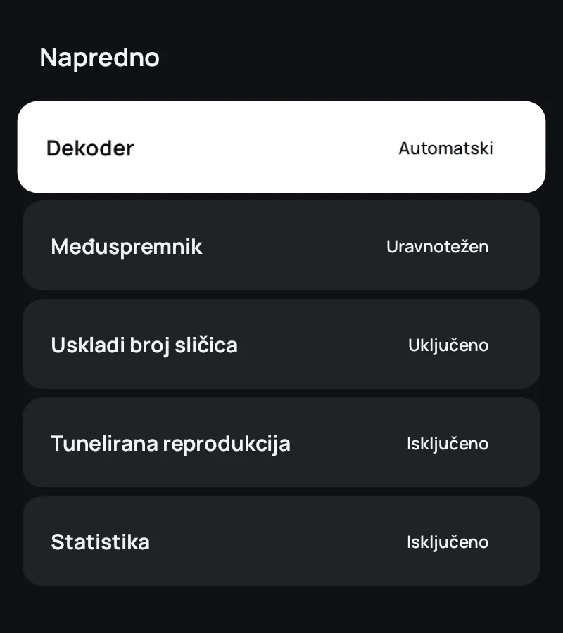 Napredne postavke playera u aplikaciji Zapvo: dekoder, međuspremnik, broj sličica i statistika