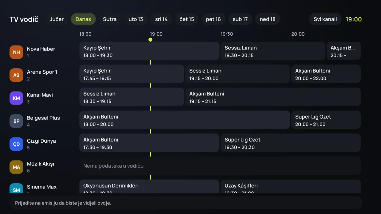 TV vodič (EPG) u aplikaciji Zapvo na Android TV-u: kanali sa strane, emisije kroz dan