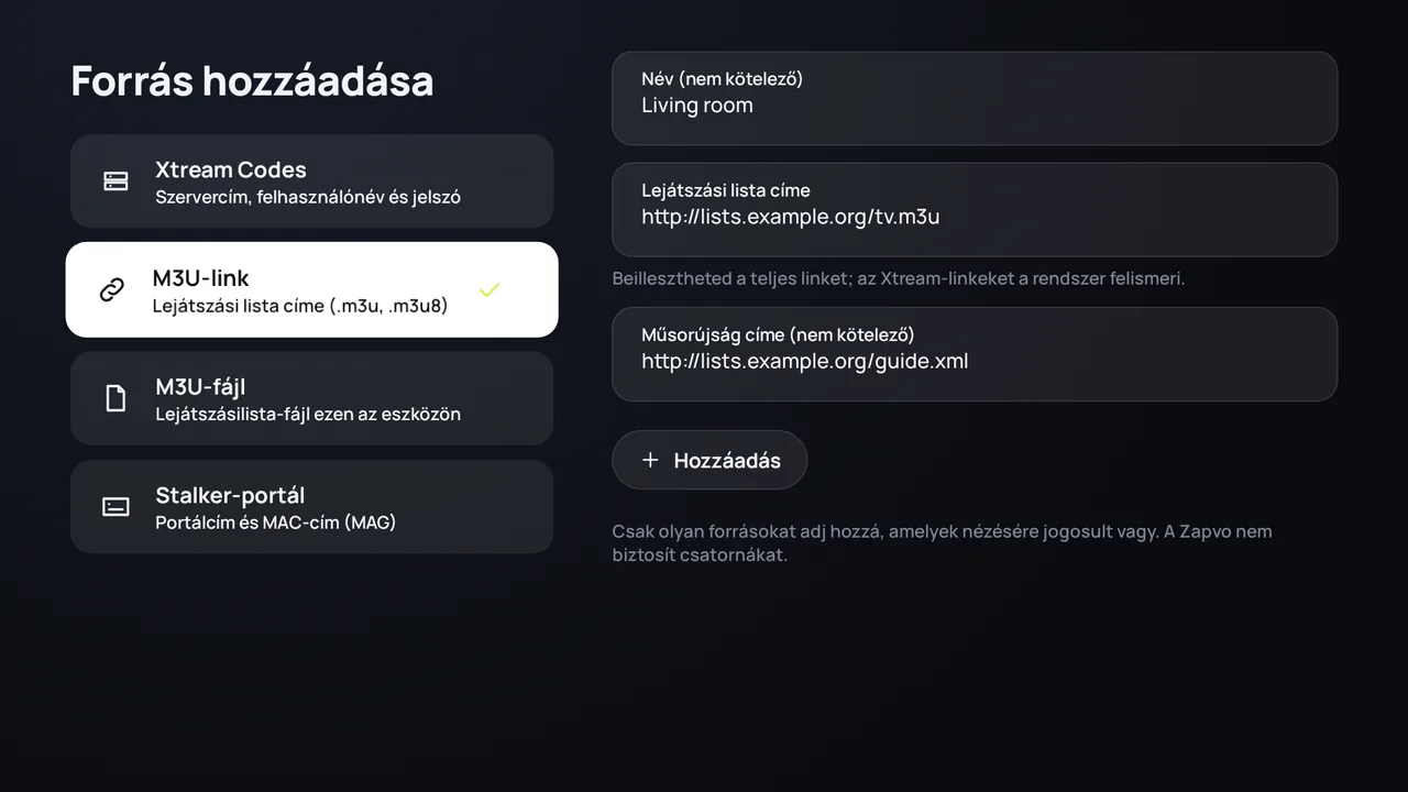 A Zapvo Android TV-n: M3U-link hozzáadása a lejátszási lista és a műsorújság címével