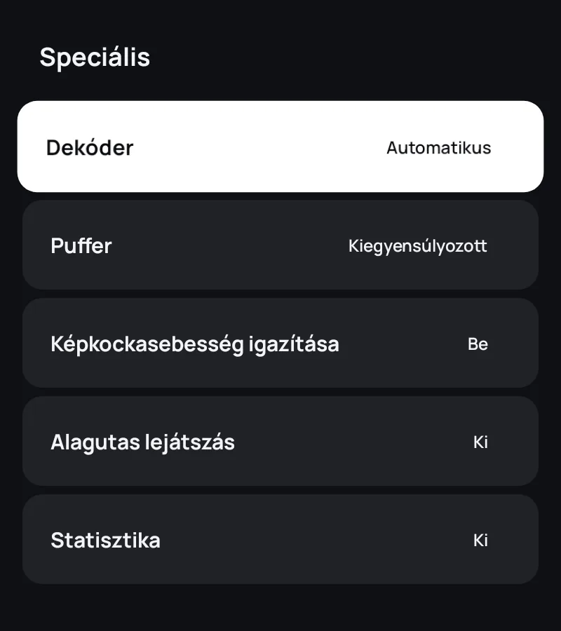 A lejátszó speciális beállításai a Zapvo alkalmazásban: dekóder, pufferelés, képkockasebesség és statisztika