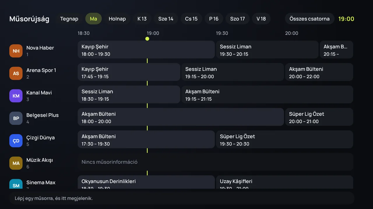 A Zapvo műsorújsága (EPG) Android TV-n: oldalt a csatornák, a napon át a műsorok