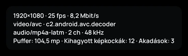 A Zapvo lejátszási statisztikája: felbontás, dekóder, puffer, eldobott képkockák és akadások