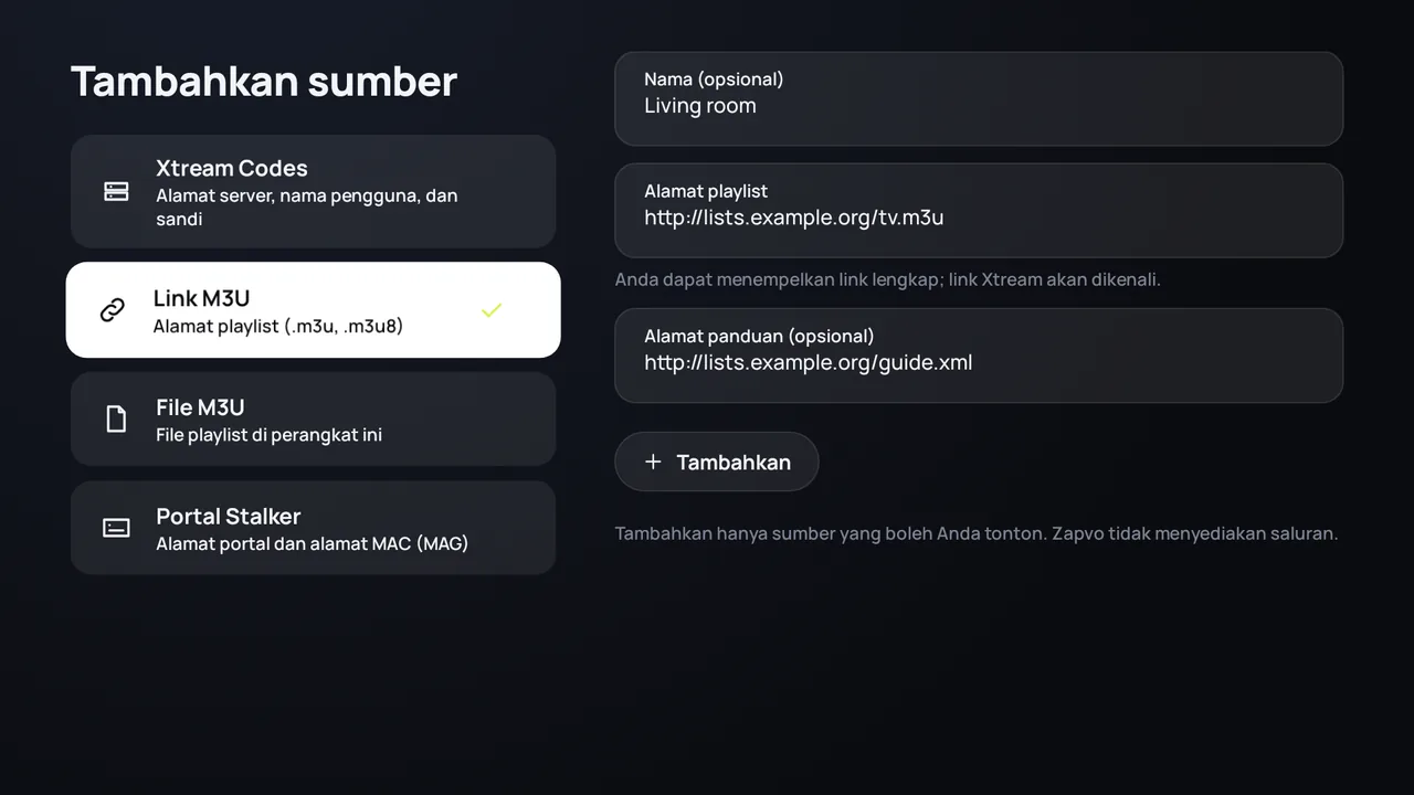 Zapvo di Android TV: menambahkan link M3U dengan alamat playlist dan alamat panduan TV