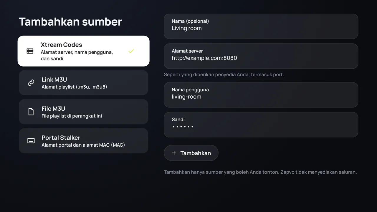 Zapvo di Android TV: login dengan Xtream Codes, alamat server, nama pengguna, dan sandi