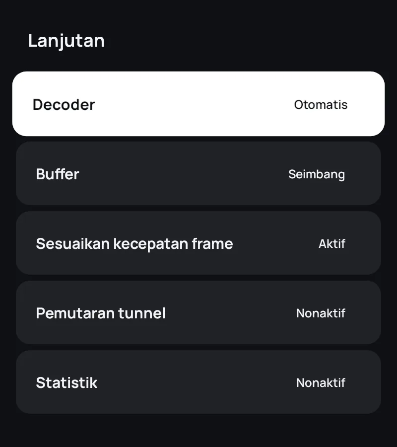 Setelan lanjutan pemutar di Zapvo: decoder, buffering, frame rate, dan statistik