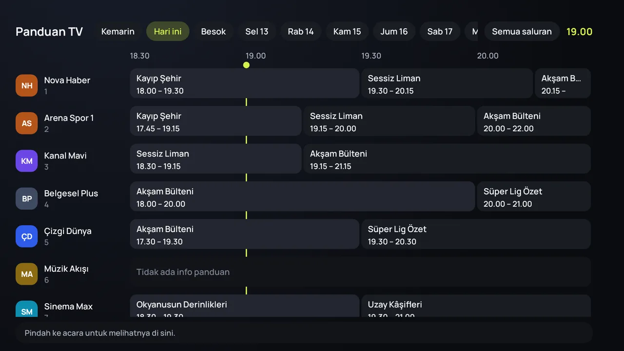 Panduan TV (EPG) Zapvo di Android TV: saluran di samping, acara sepanjang hari