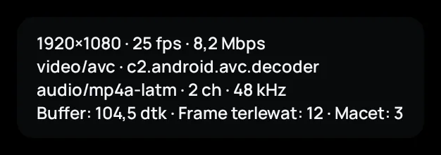 Statistik pemutaran Zapvo: resolusi, decoder, buffer, frame terlewat, dan tersendat