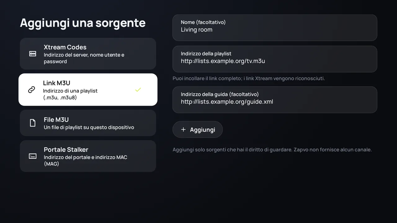 Zapvo su Android TV: aggiunta di un link M3U con l’indirizzo della playlist e quello della guida TV