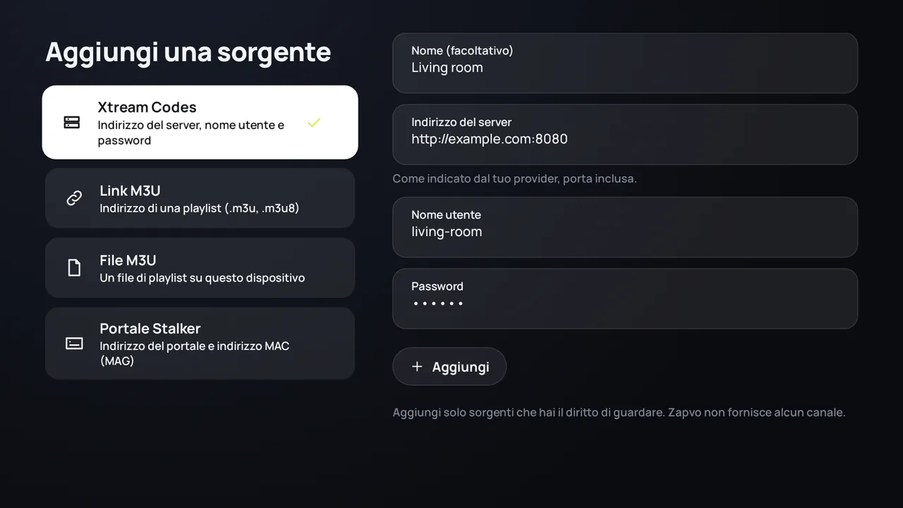 Zapvo su Android TV: accesso con Xtream Codes, indirizzo del server, nome utente e password
